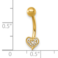 14k 14 Gauge Polished CZ Double Heart Navel Ring