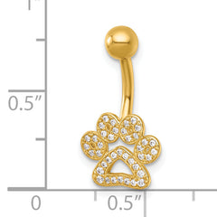 14k 14 Gauge Polished CZ Pawprint Navel Ring