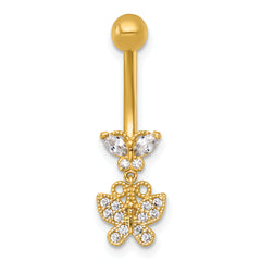 14k 14 Gauge Polished and Beaded CZ Dangling Butterfly Navel Ring