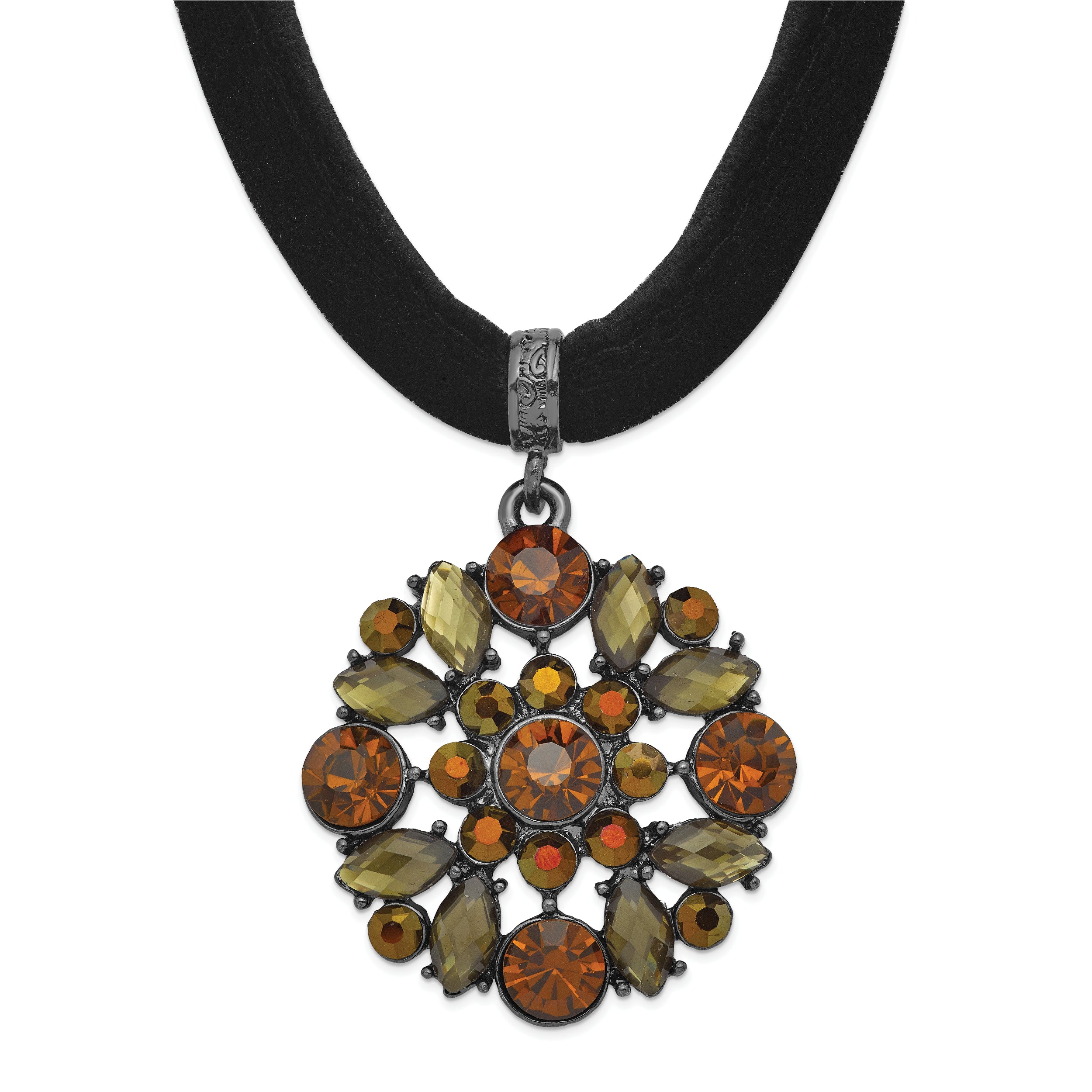 1928 Jewelry Black-plated Brown Smokey and Dark Colorado Glass & Acrylic Beads Adjustable 16 inch Black Velour Cord Necklace with 3 inch extension