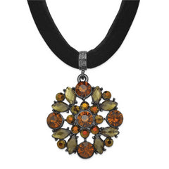 1928 Jewelry Black-plated Brown Smokey and Dark Colorado Glass & Acrylic Beads Adjustable 16 inch Black Velour Cord Necklace with 3 inch extension