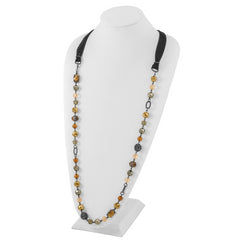 1928 Jewelry Black-plated Textured and Faceted Multicolor Glass Beads in Brown and Hematite Shades 42 inch Black Velour Cord Necklace