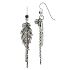 1928 Jewelry Silver-tone and Black-plated Leaf Pattern Jet Black and Hematite Crystal and Glass Beads Dangle Earrings