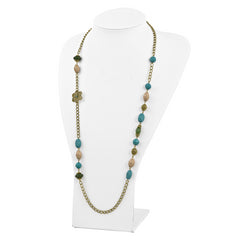 1928 Jewelry Gold-tone Link Filigree Floral and Pattern Bead with Teal Green and Cream Acrylic Beads 38 inch Necklace