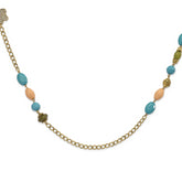 1928 Jewelry Gold-tone Link Filigree Floral and Pattern Bead with Teal Green and Cream Acrylic Beads 38 inch Necklace