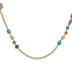 1928 Jewelry Gold-tone Link Filigree Floral and Pattern Bead with Teal Green and Cream Acrylic Beads 38 inch Necklace