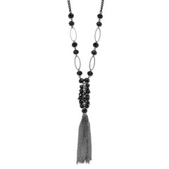 1928 Jewelry Black-plated Link Jet Black Faceted Acrylic Beaded Cluster 28 inch Tassel Necklace
