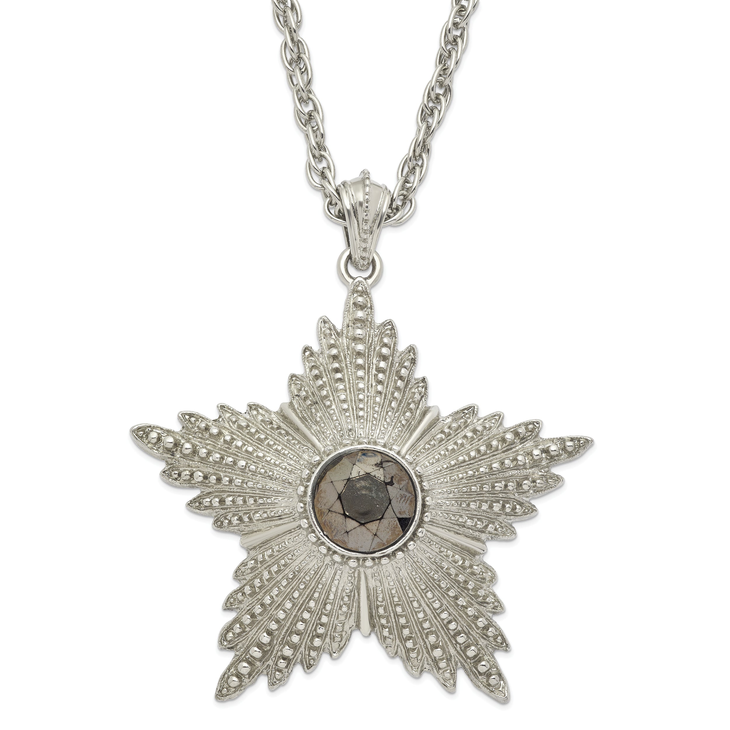 1928 Jewelry Large Silver-tone Textured Hematite Epoxy Faceted Stone Center Star 32 inch Necklace