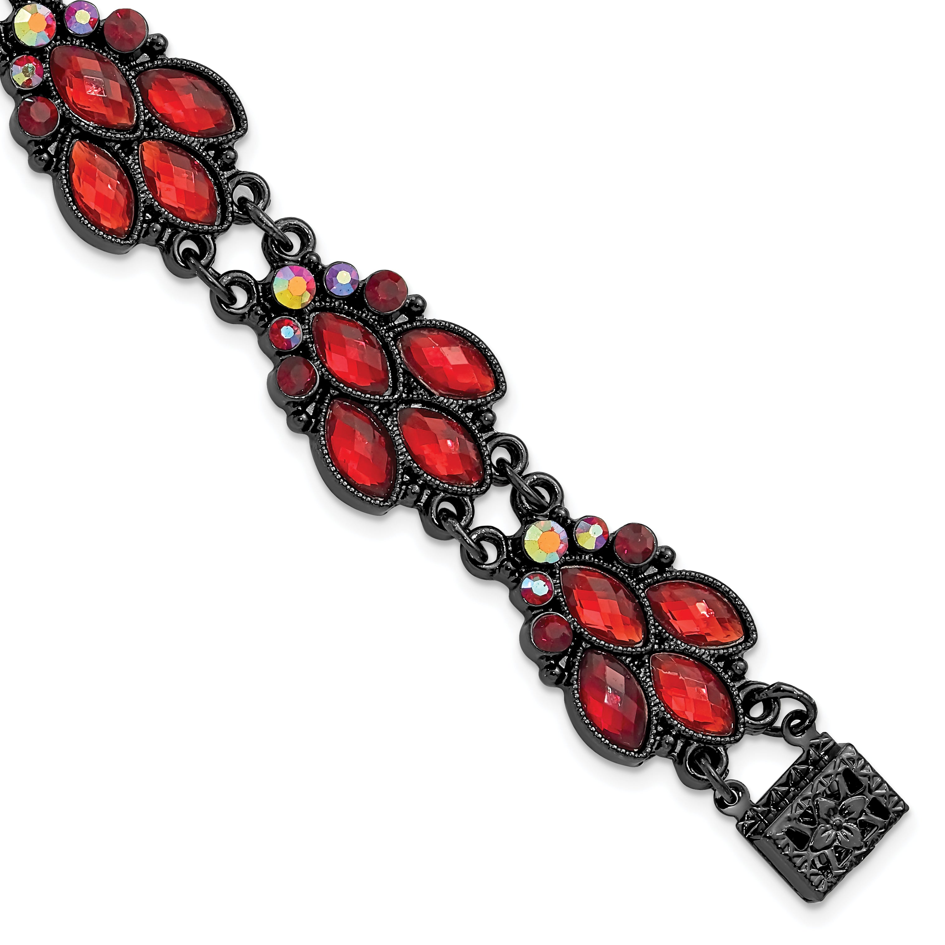 1928 Jewelry Black-plated Faceted Red and Aurora Borealis Glass Stones 7.25 inch Bracelet