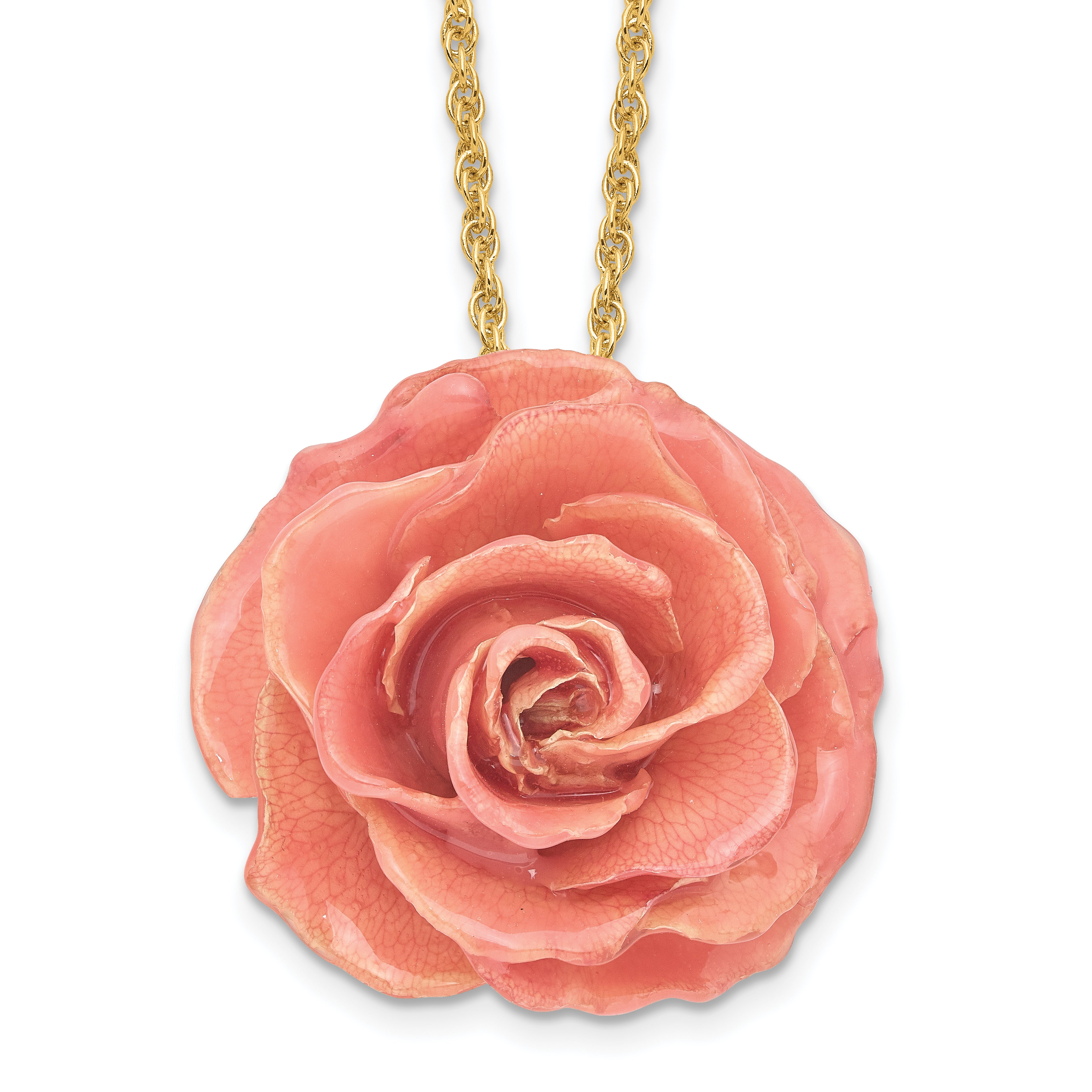 Lacquer Dipped Pink Real Rose with 20 inch Gold-tone Necklace