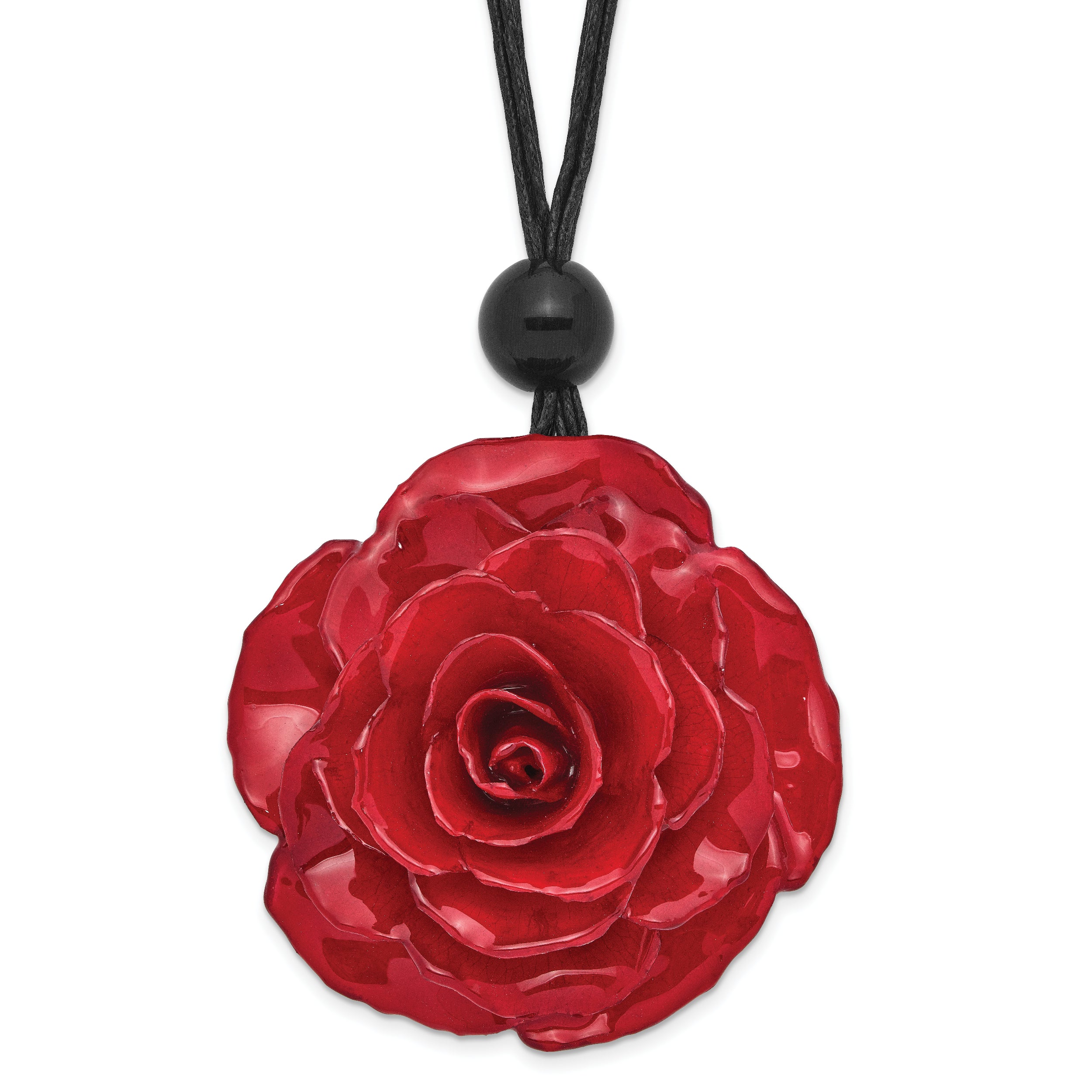 Lacquer Dipped Large Red Real Rose with Glass Bead on 18 inch Black Cotton Cord Necklace