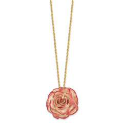 Lacquer Dipped Cream and Fuchsia Real Rose with 20 inch Gold-tone Necklace