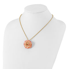 Lacquer Dipped Cream and Fuchsia Real Rose with 20 inch Gold-tone Necklace