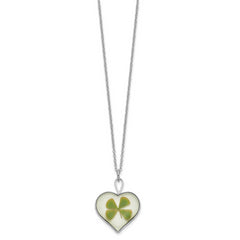 Silver Trim Real Four Leaf Clover in Heart 20 inch Silver-plated Chain Necklace