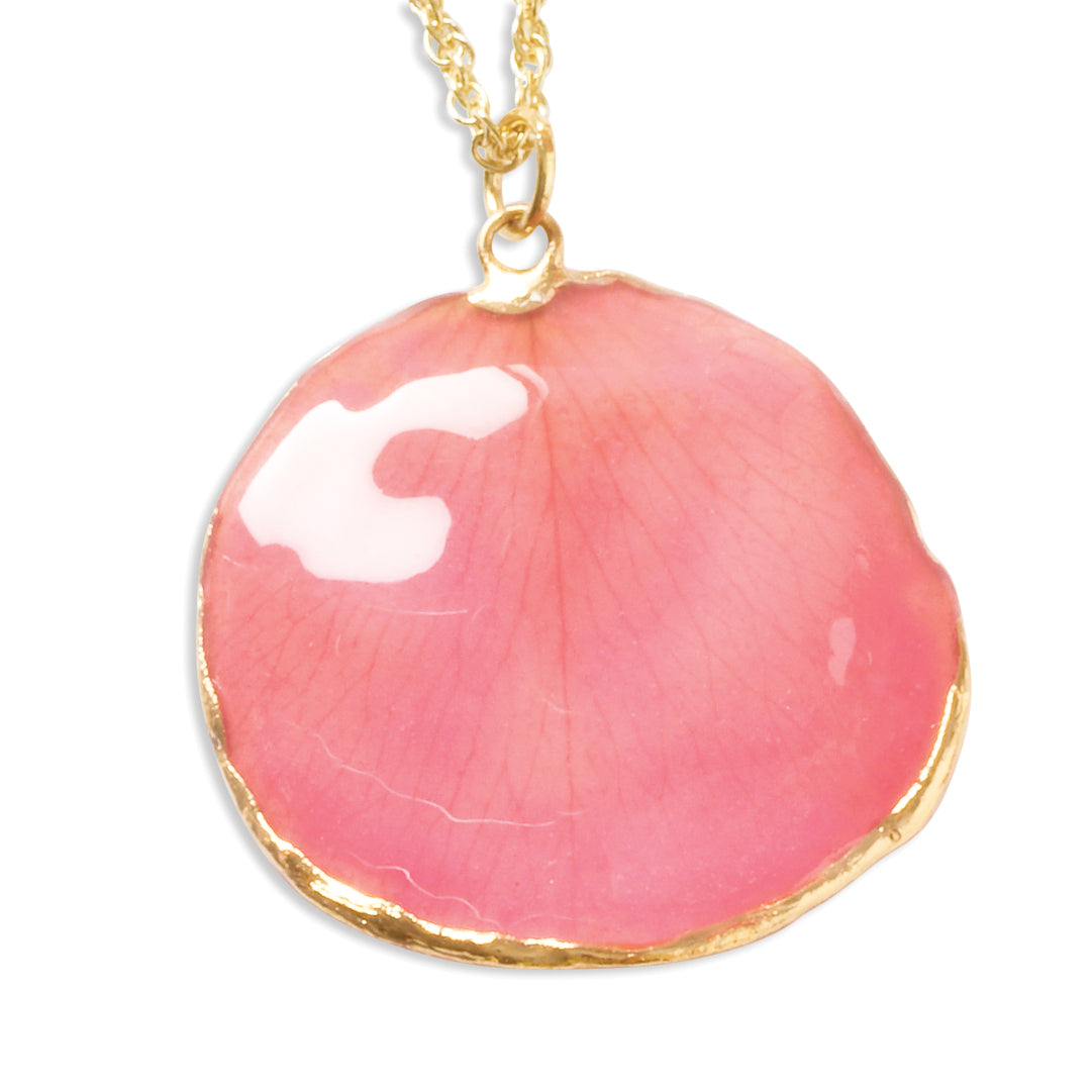 24K Gold-trim Lacquer Dipped Pink Real Rose Petal 20 inch Gold-tone Necklace