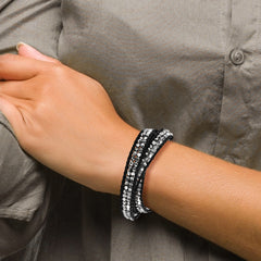 Grey and Clear Crystal Bead and Leather Multi-wrap Bracelet