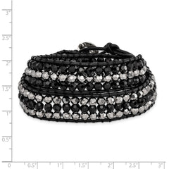 Black Aurora Borealis/Grey Crystal Bead/Leather Multi-wrap Bracelet
