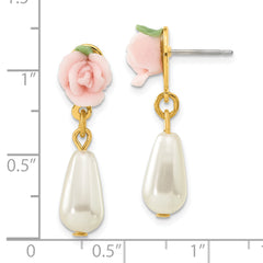 1928 Gold-tone Porcelain Rose and Simulated Pearl Post Dangle Earrings