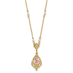 1928 Jewelry Gold-tone Imitation Pearl Pink Porcelain Rose and Clear Crystal Filigree Teardrop 17 inch Necklace