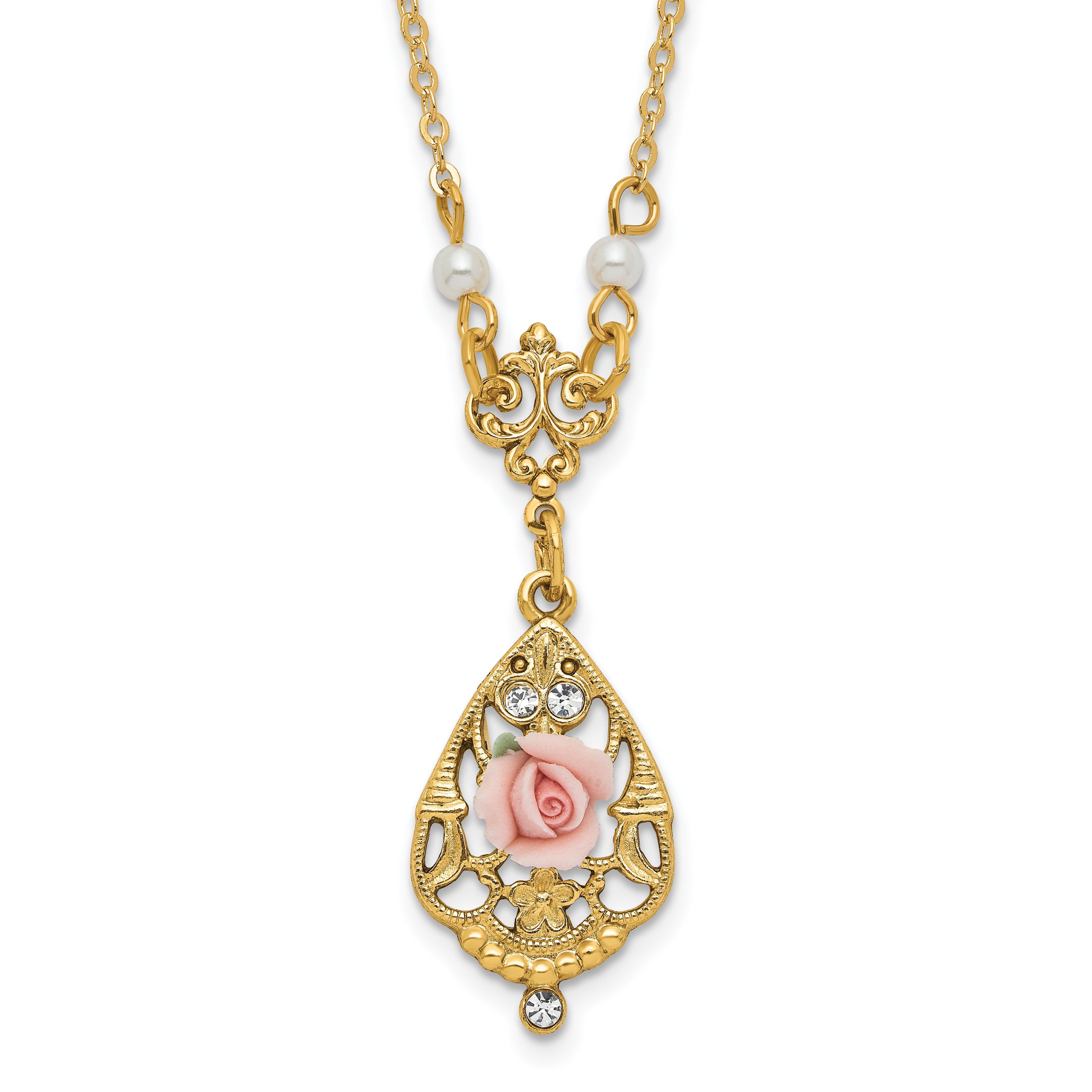 1928 Jewelry Gold-tone Imitation Pearl Pink Porcelain Rose and Clear Crystal Filigree Teardrop 17 inch Necklace