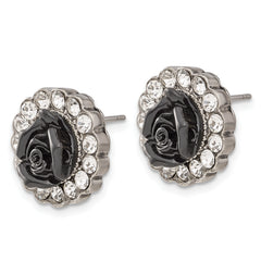 1928 Silver-tone Black Enamel Flowers & Crystal Post Earrings