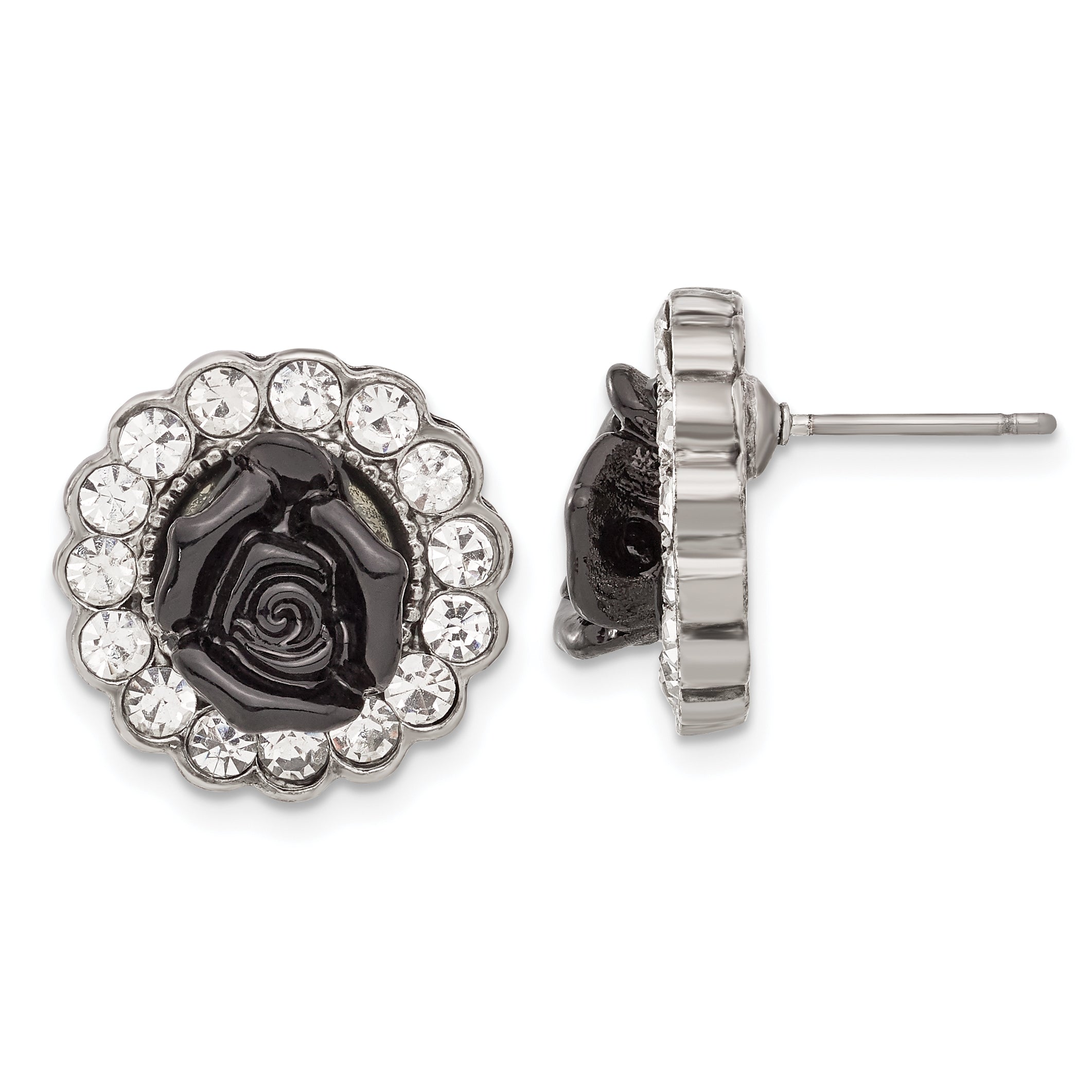 1928 Silver-tone Black Enamel Flowers & Crystal Post Earrings