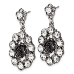 1928 Silver-tone & Antiqued Black Flowers & Crystal Post Dangle Earrings