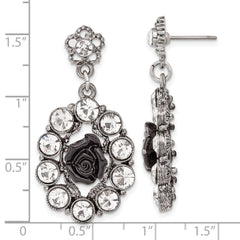 1928 Silver-tone & Antiqued Black Flowers & Crystal Post Dangle Earrings