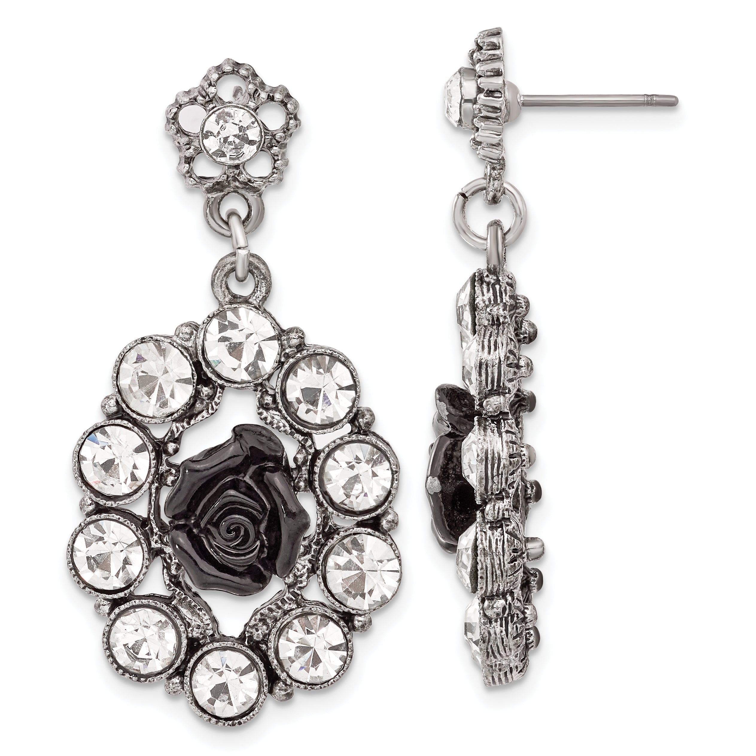 1928 Silver-tone & Antiqued Black Flowers & Crystal Post Dangle Earrings