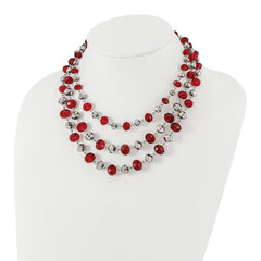 1928 Jewelry Silver-tone Three Strand Red and Grey Epoxy Faceted Stone Adjustable 16 inch Necklace with 3 inch extension