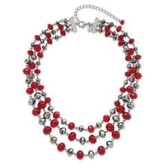 1928 Jewelry Silver-tone Three Strand Red and Grey Epoxy Faceted Stone Adjustable 16 inch Necklace with 3 inch extension