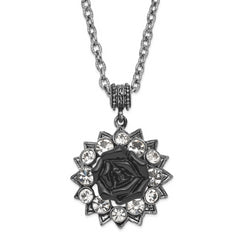 1928 Silver-tone Crystal & Black Enamel Flower 16in With 3in ext Necklace
