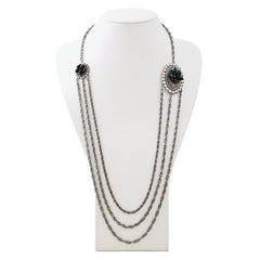 1928 Silver-tone Black Flowers & Crystal Layered Necklace