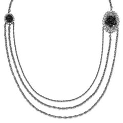 1928 Silver-tone Black Flowers & Crystal Layered Necklace