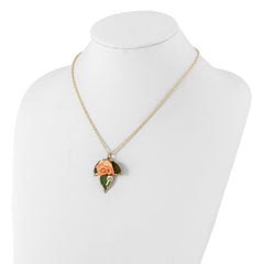 Lacquer Dipped Cream and Pink Real Rose on 24K Gold-trim Lacquered Dipped Leaf 20 inch Gold-tone Necklace