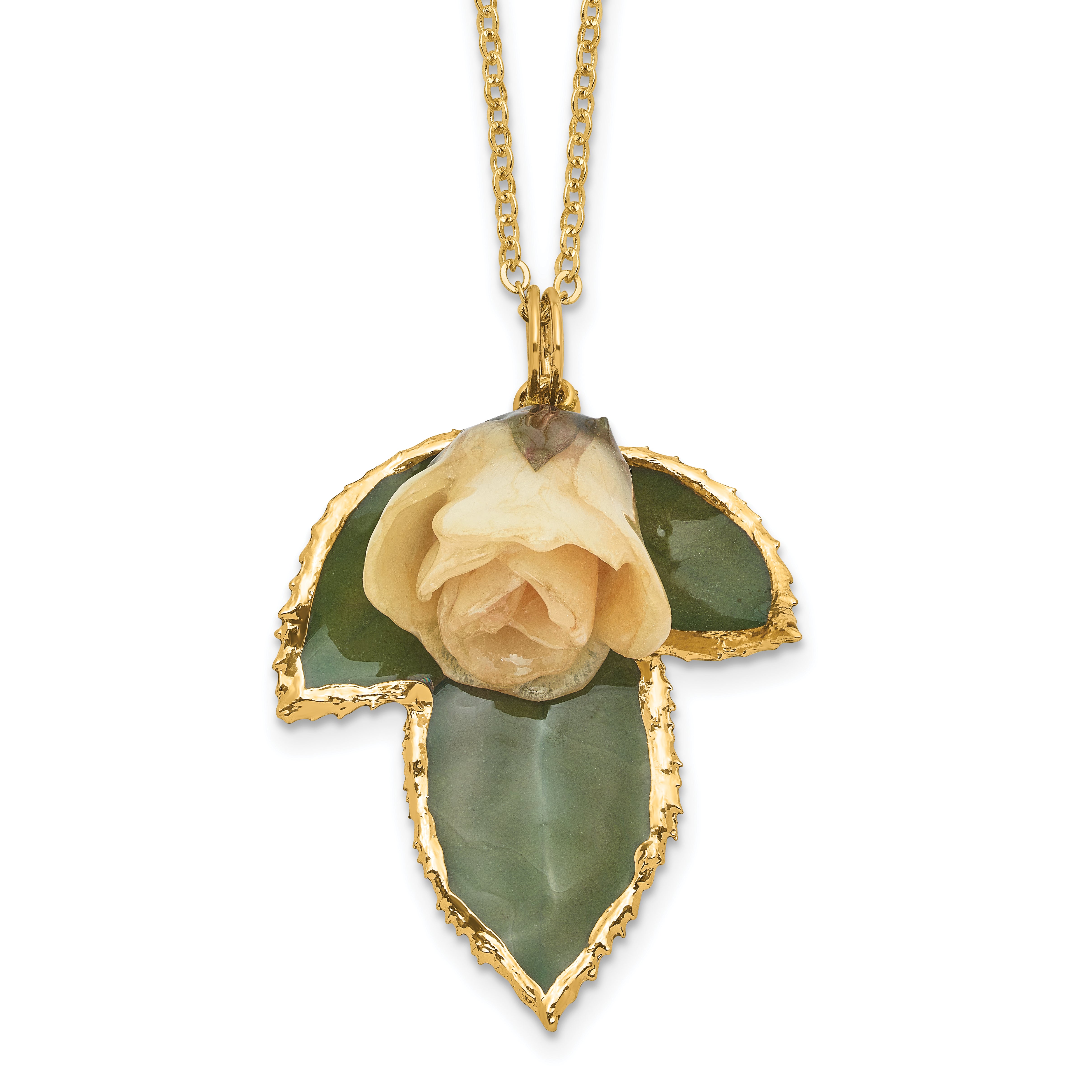 Lacquer Dipped White Real Rose on 24K Gold-trim Lacquer Dipped Leaf 20 inch Gold-tone Necklace