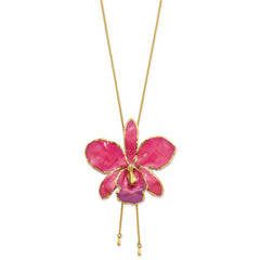 24K Gold-trim Lacquer Dipped Fuchsia Real Cattleya Orchid Slip-on Adjustable Gold-tone Necklace