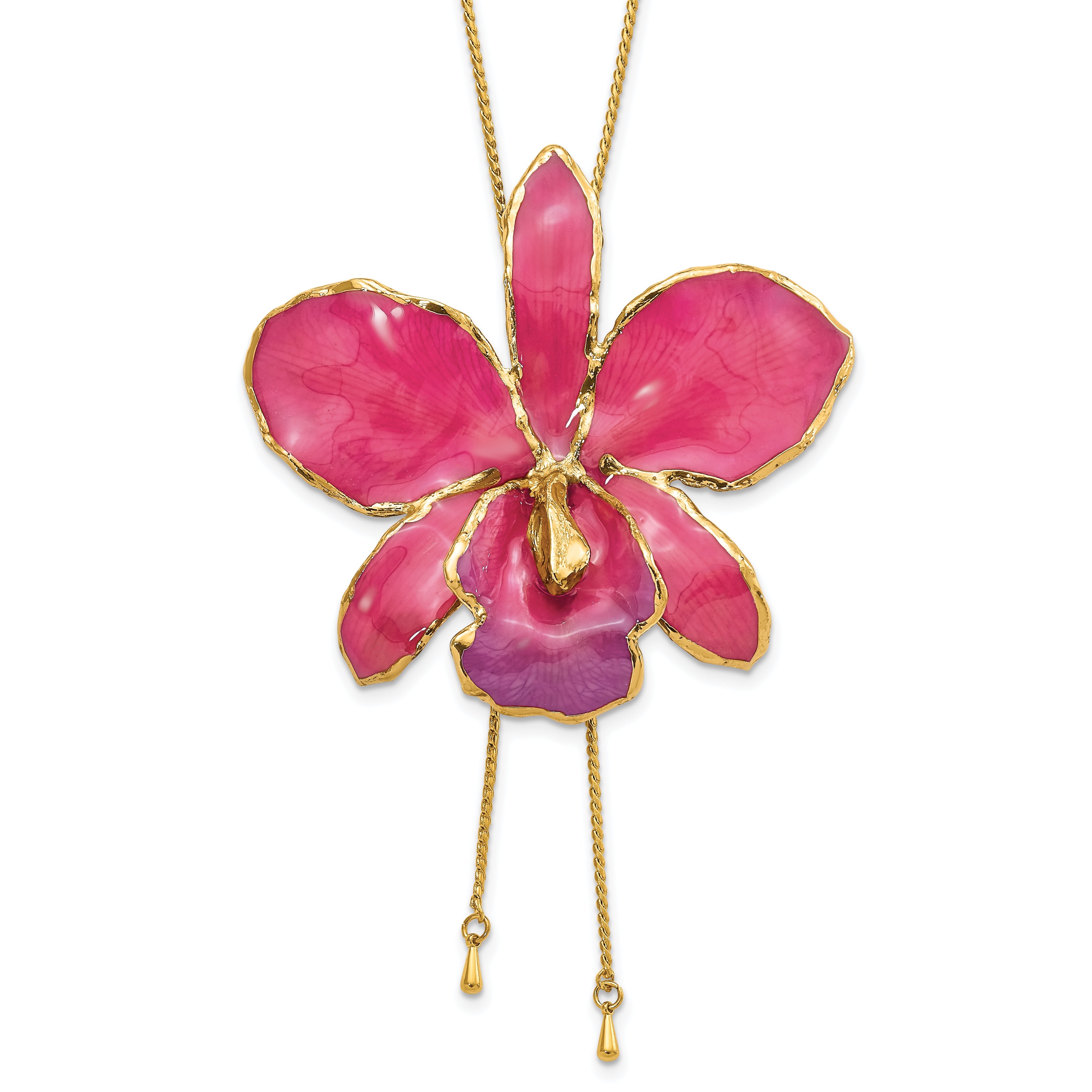 24K Gold-trim Lacquer Dipped Fuchsia Real Cattleya Orchid Slip-on Adjustable Gold-tone Necklace