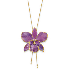 24K Gold-trim Lacquer Dipped Purple Real Cattleya Orchid Slip-on Adjustable Gold-tone Necklace