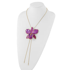 24K Gold-trim Lacquer Dipped Purple Real Cattleya Orchid Slip-on Adjustable Gold-tone Necklace
