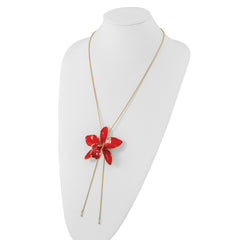 24K Gold-trim Lacquer Dipped Red Real Cattleya Orchid Slip-on Adjustable Gold-tone Necklace