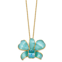 24K Gold-trim Lacquer Dipped Blue Real Dendrobium Orchid 20in Gold-tone Necklace