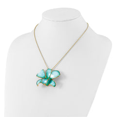24K Gold-trim Lacquer Dipped Blue Real Dendrobium Orchid 20in Gold-tone Necklace