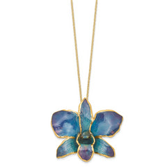 24K Gold-trim Lacquer Dipped Blue and Purple Real Dendrobium Orchid 20 inch Gold-tone Necklace