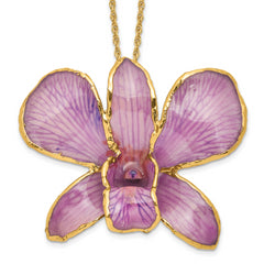 24K Gold-trim Lacquer Dipped Hot Lavender Real Dendrobium Orchid 20 inch Gold-tone Necklace