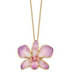 24K Gold-trim Lacquer Dipped White and Lilac Real Dendrobium Orchid 20 inch Gold-tone Necklace