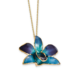24K Gold-trim Lacquer Dipped Purple and Blue Real Dendrobium Orchid 20 inch Gold-tone Necklace