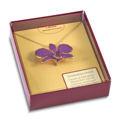 24K Gold-trim Lacquer Dipped Purple Real Dendrobium Orchid 20 inch Gold-tone Necklace