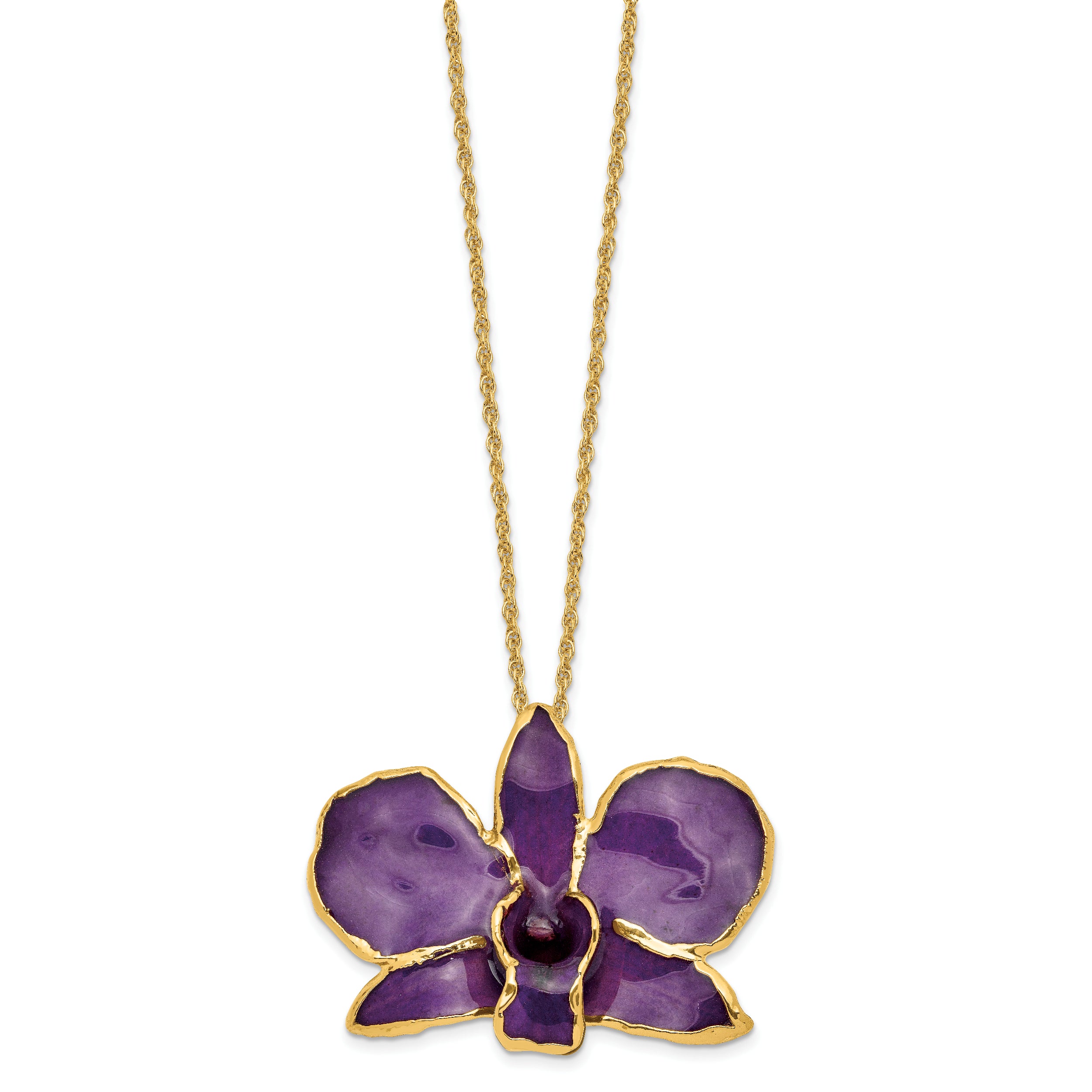 24K Gold-trim Lacquer Dipped Purple Real Dendrobium Orchid 20 inch Gold-tone Necklace