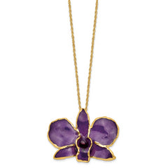 24K Gold-trim Lacquer Dipped Purple Real Dendrobium Orchid 20 inch Gold-tone Necklace